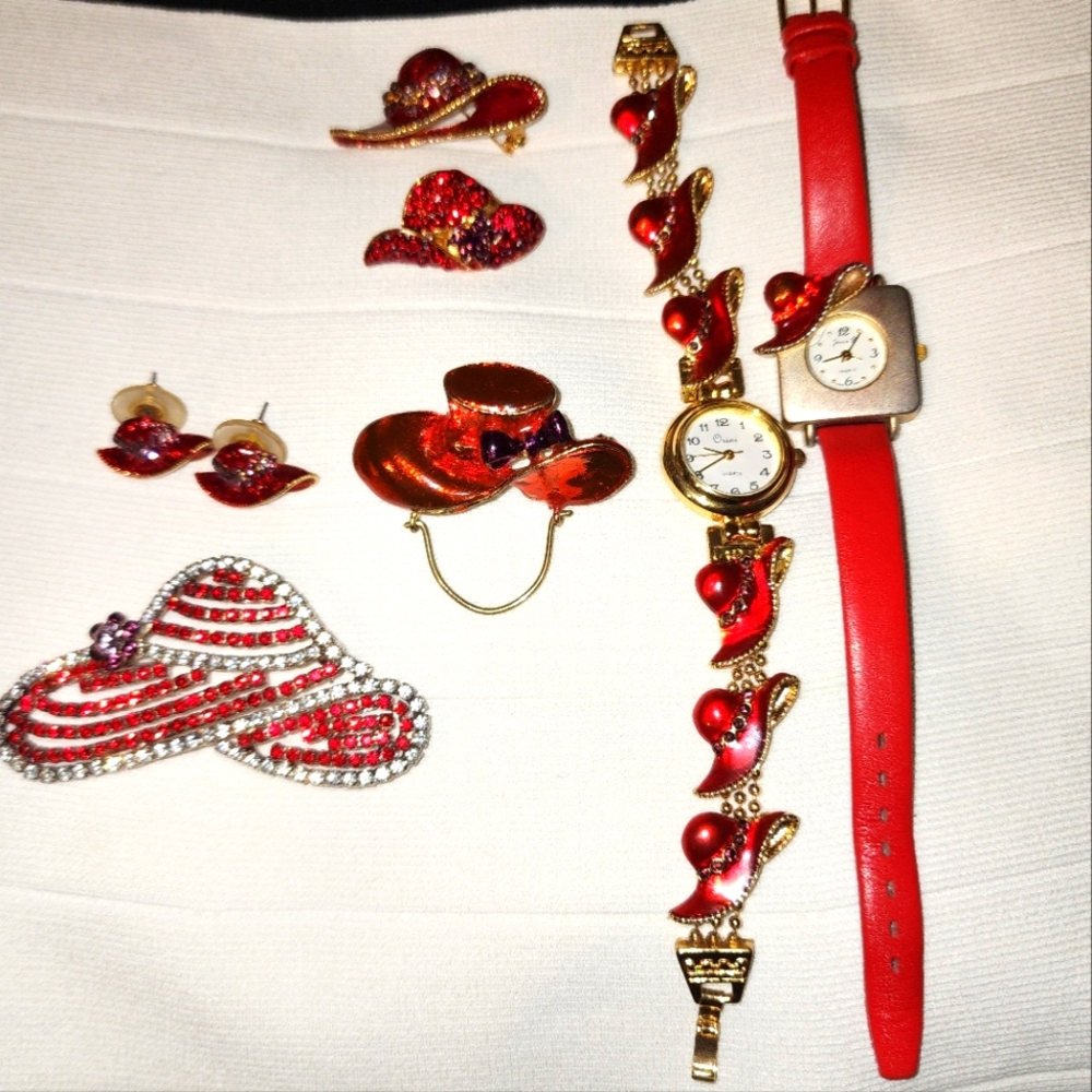Vintage bundle Red hat style set 2 watches, 4 brooches, a pair of earrings